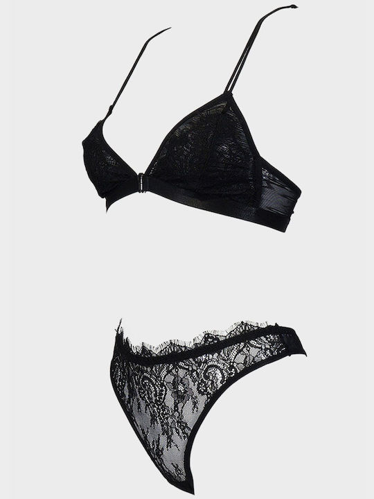 G Secret Lace Underwear Set with Bralette & String Black