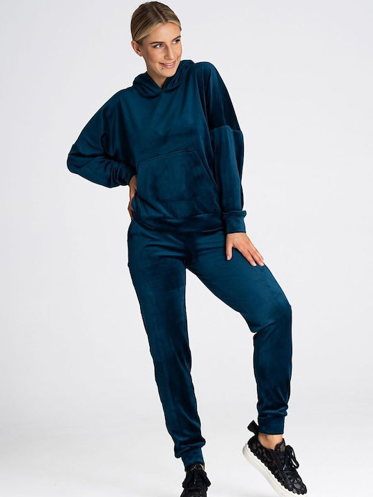 Figl Damen Bluse Samt Langärmelig mit Kapuze Blue