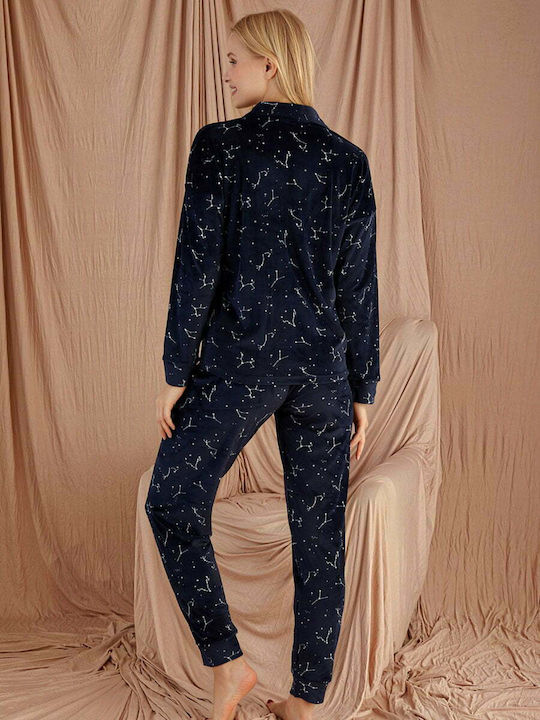 PJM Winter Damen Pyjama-Set Samt BLUE BLACK PJ712026-L