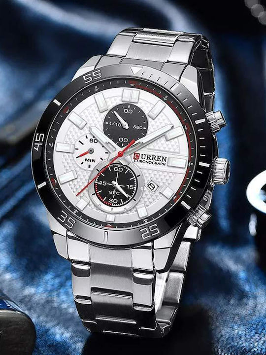 Curren Men's Watch Chronograph Battery with White Metal Bracelet