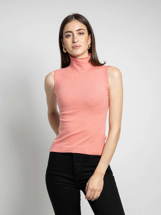 Fashioncore Women's Sleeveless Sweater Cotton Turtleneck Pink