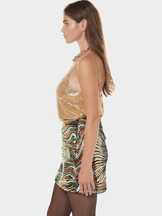'sequin Women's Blouse with Straps & V Neckline Gold