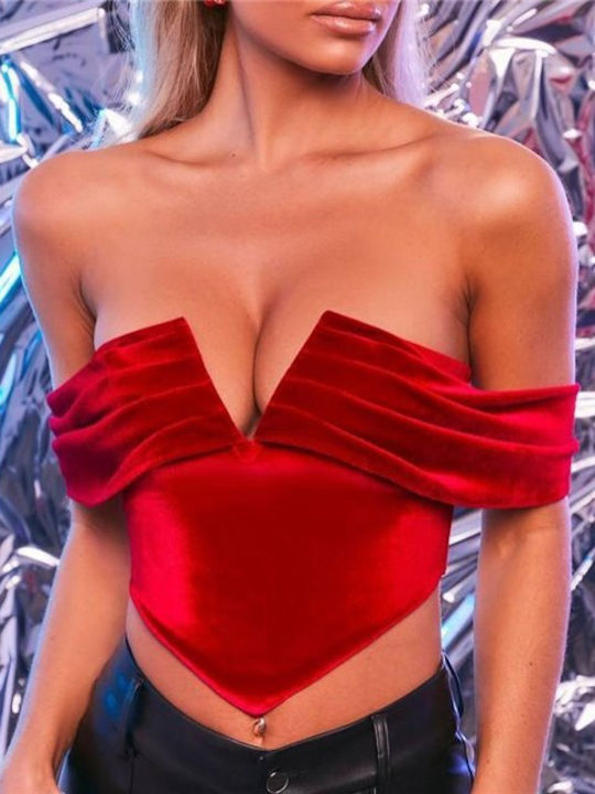 Chica Women's Blouse Velvet Off-Shoulder Short Sleeve Red