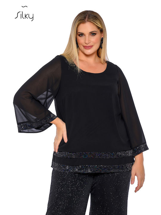 Silky Collection Women's Blouse with 3/4 Sleeve Black