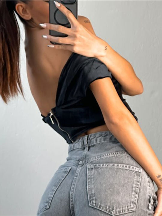Γυναικεία Μπλούζα Βελούδινη Off-Shoulder Κοντομάνικη Μαύρο