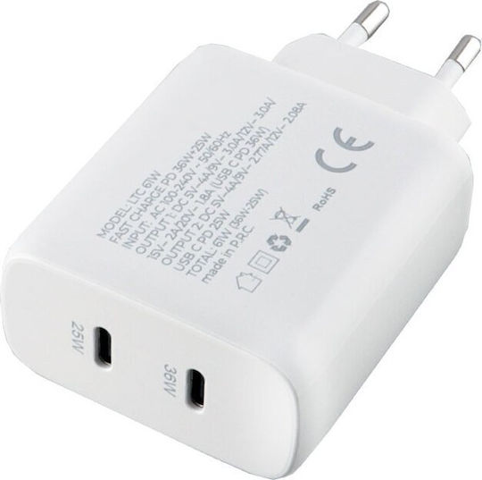 Lime Φορτιστής Χωρίς Καλώδιο με 2 Θύρες USB-C 61W Power Delivery Λευκός (LTC61W)