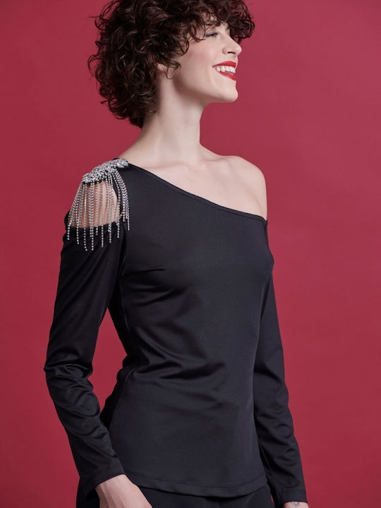 Women's Blouse Satin Off-Shoulder Long Sleeve Black