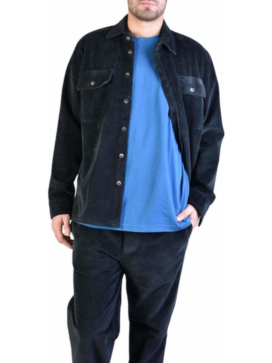 Overshirt Catifea Raiata Mânecă Lungă În Linie Regular Fit Negru