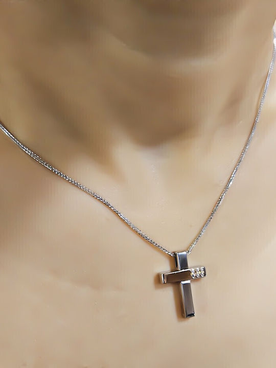 Дамски Бял златен Кръст 14K с Верижка