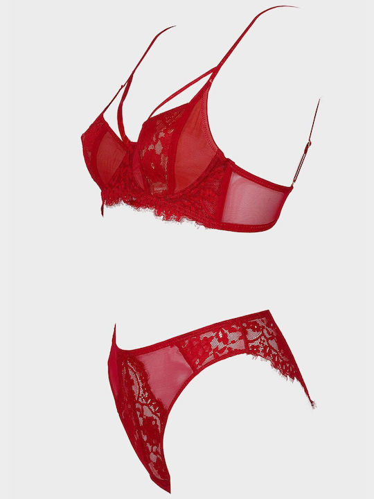 G Secret Lace Underwear Set with Bralette & Slip Red