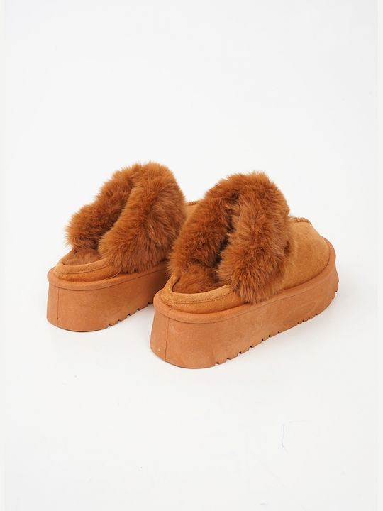 Plato Winter Women's Slippers with fur in Brown color