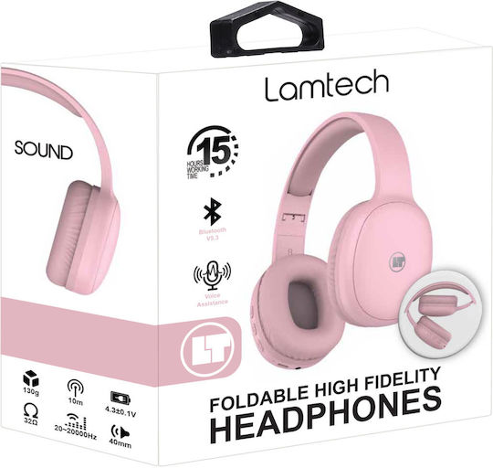 Lamtech LAM113010 Ασύρματα Bluetooth Over Ear Ακουστικά με 15 ώρες Λειτουργίας και Quick Charge Ροζ