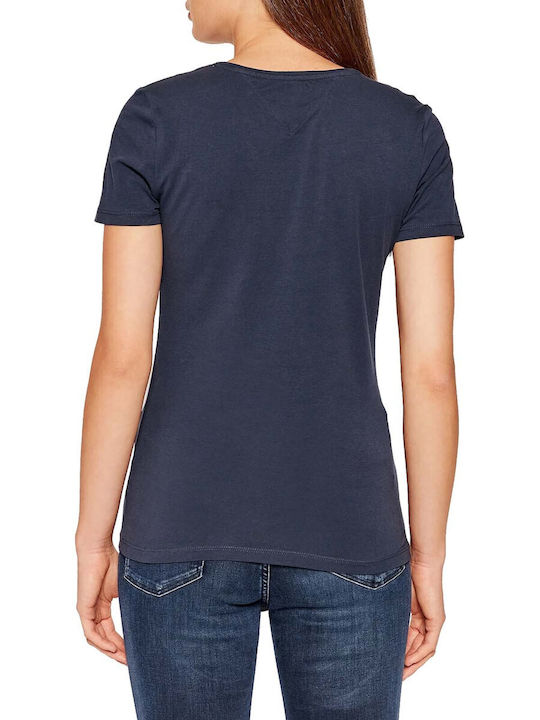 Tommy Hilfiger Damen Bluse Baumwolle Kurzärmelig mit V-Ausschnitt Blue.