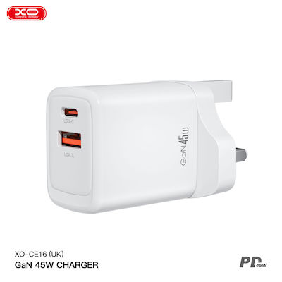 XO Charger Without Cable with USB-A Port and USB-C Port 45W Power Delivery Whites (CE16)