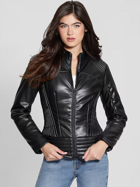 Guess Lea Women's Short Biker Jacket for Winter Black