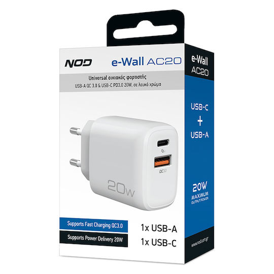 NOD Încărcător Fără Cablu cu Port USB-A și Port USB-C 20W Quick Charge 3.0 Albς (E-WALL AC30)