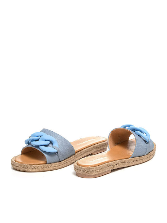 Leather Women's Flat Sandals in Light Blue Color