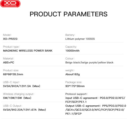XO PR223 Power Bank 10000mAh 5W with USB-C Port Black & Yellow
