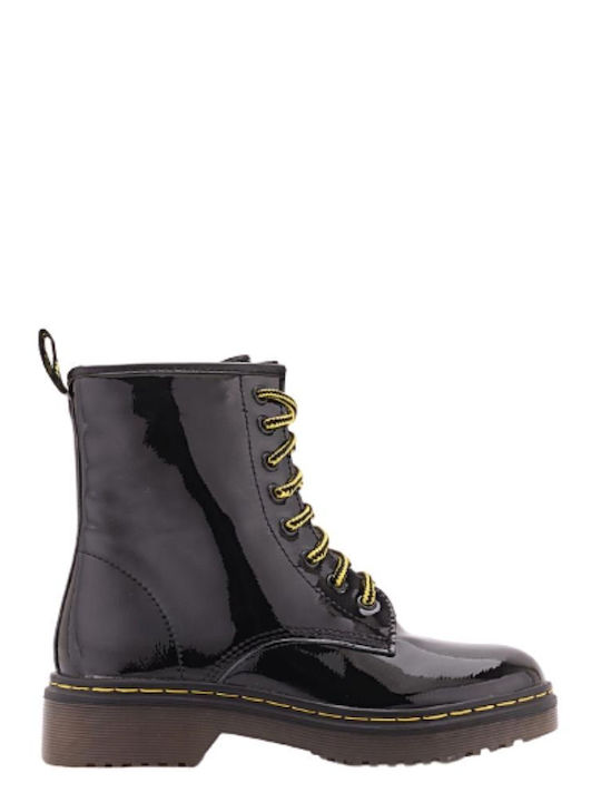 Louizidis Kids Patent Leather Military Boots with Lace Black