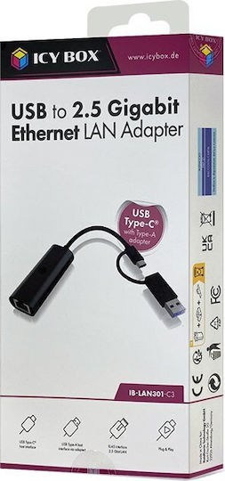 Icy Box IB-LAN301-C3 Αντάπτορας Δικτύου USB-C με Ενσύρματη Σύνδεση Ethernet
