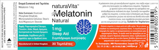 Natura Vita Melatonin Natural 1mg Supplement for Sleep 30 Tablets Melatonin
