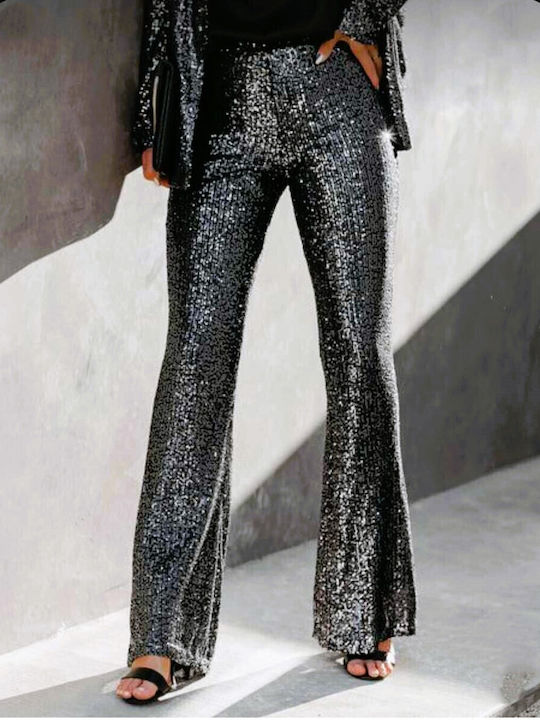 Women's High-waisted Fabric Trousers with Elastic Gray with Sequins