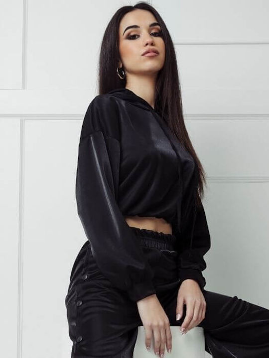 Louizidis Cropped Hanorac pentru Femei Cu glugă BLACK