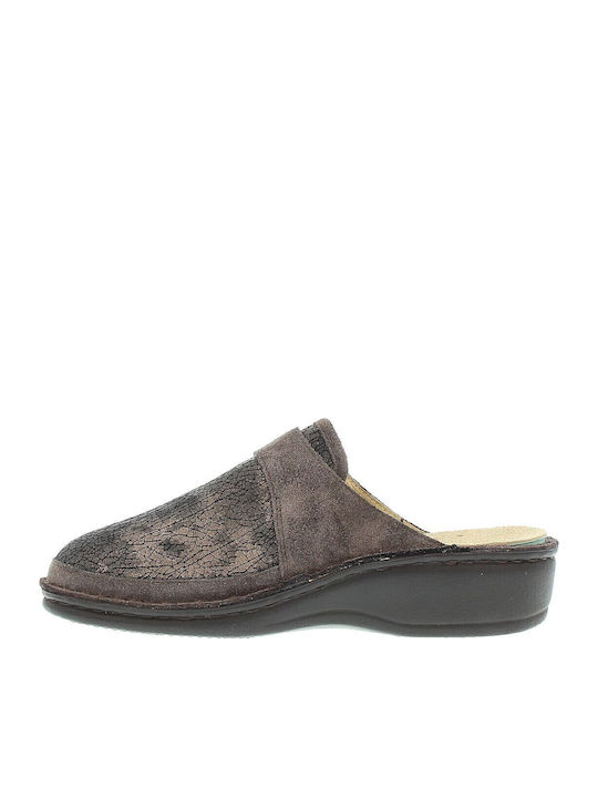 Leather Winter Women's Slippers Brown