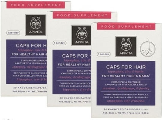 Apivita Caps For Hair Hippophae Zinc & Biotin Supplement For Stress 3 x 30 Capsules