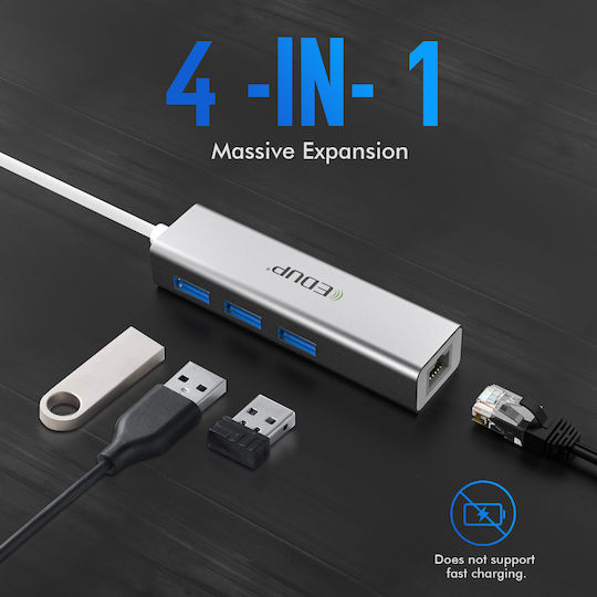 EDUP USB-Hub Mit 3 Anschlüssen USB 3.0 Mit USB-C Anschluss Ethernet Silber