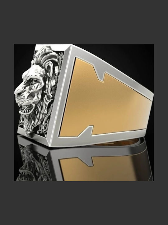 Embossed Lion Ring in Silver Tone with Gold Details