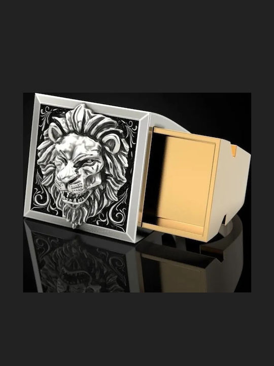 Embossed Lion Ring in Silver Tone with Gold Details