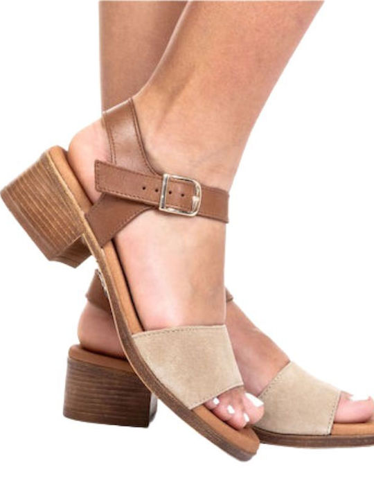 Ragazza Leather Women's Sandals Tabbac/Beige with Chunky Low Heel