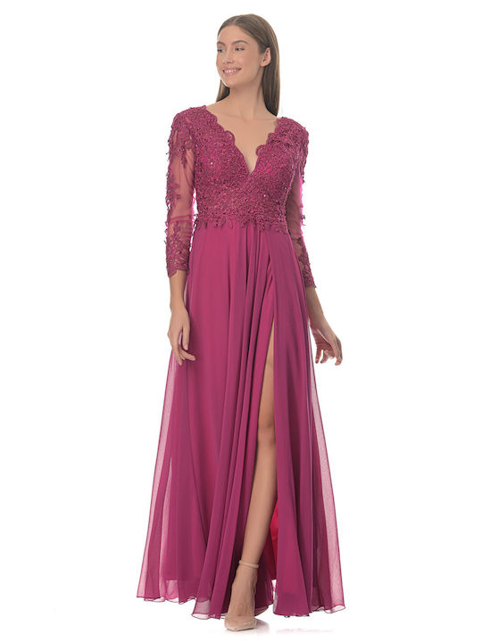 Farmaki Maxi Evening Dress with Lace & Sheer Purple