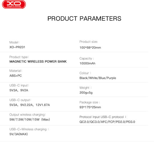 XO PR231 MagSafe Power Bank 10000mAh 15W με Θύρα USB-C Quick Charge 2.0 Γαλάζιο