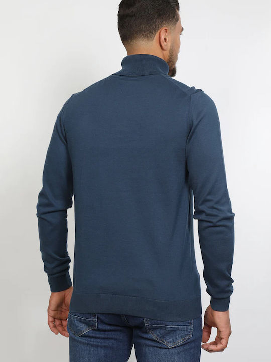 Van Hipster Men's Long Sleeve Blouse Turtleneck Blue Indigo