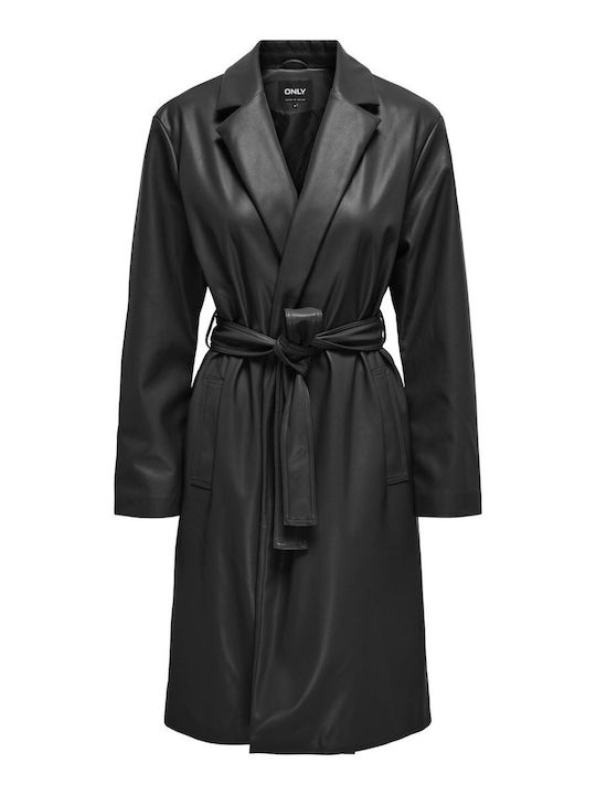 Only Women's Leather Midi Coat with Belt black