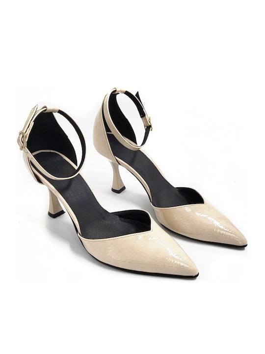 Patent Leather Beige Heels with Strap