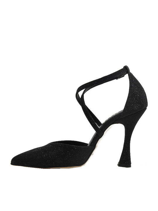 Μυτερές Γόβες με Χοντρό Ψηλό Τακούνι Black Glitter