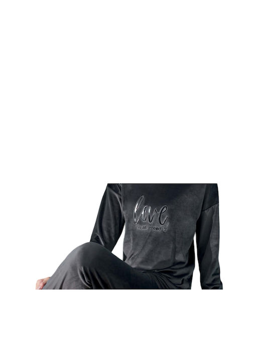 Mihra Winter Damen Pyjama-Set Samt Dark grey (tinted)