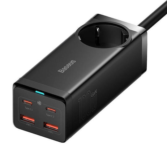 Baseus Ladestation GaN mit 2 USB-A Anschlüsse und 2 USB-C Anschlüsse 100W Schnellaufladung 4.0 in Schwarz Farbe (GaN3 Pro)