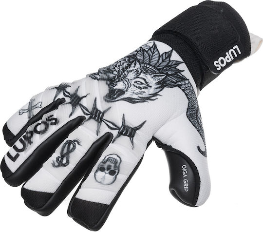 Lupos Tattoo Goalkeeper Gloves — German Latex Giga Grip — Negative Cut — White Black