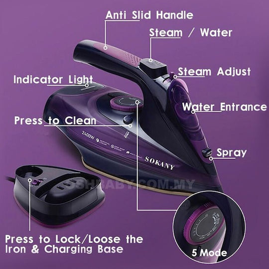 Sokany Steam Iron 2400W with Ceramic Plate and Continuous Steam Supply 35g/min Purple