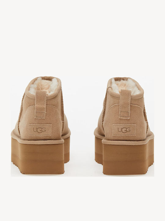 Classic Ultra Mini Platform Leather Women's Ankle Boots with Fur Sand