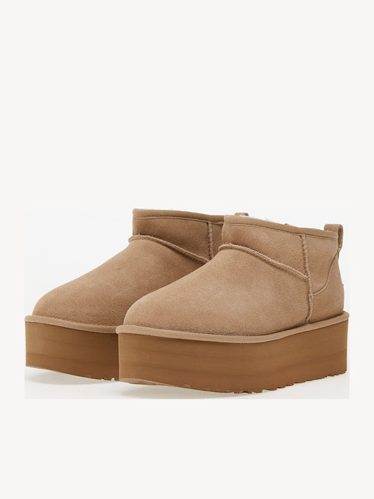 Classic Ultra Mini Platform Leather Women's Ankle Boots with Fur Sand
