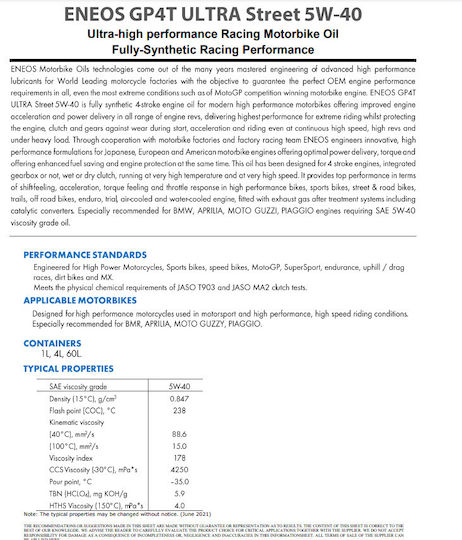 Eneos Synthetic Motorcycle Oil for Four-Stroke Engines 5W-40 1lt