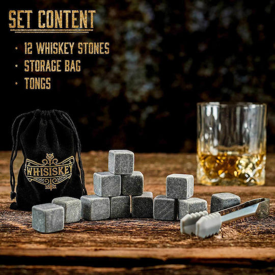 Whisky Stones Διακοσμητικά Παγάκια Πέτρινα με Θήκη Αποθήκευσης & Ποτήρια 12τμχ
