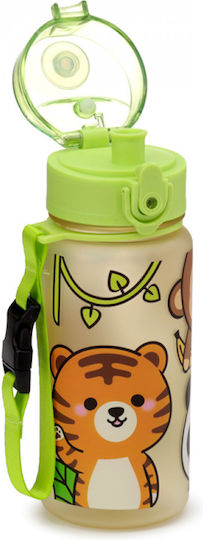 Puckator Adoramals Wild Pop Top Kids Water Bottle Plastic with Straw Green 350ml