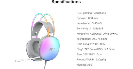 Havit H2037d Over Ear Gaming Headset με σύνδεση 2x3.5mm / USB Λευκό