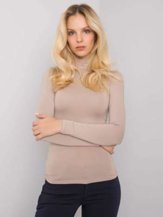 Rue Paris Damen Bluse Langärmelig Rollkragenpullover Beige